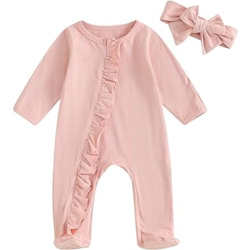 Newborn Baby Girl Solid Romper Clothes Long Sleeve Ribbed Onesie Bodysuit Infant Knitted Jumpsuit Headband Outfits