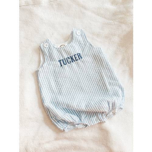 Baby boys seersucker bubble romper with embroidered name or monogram white and blue additional colors available