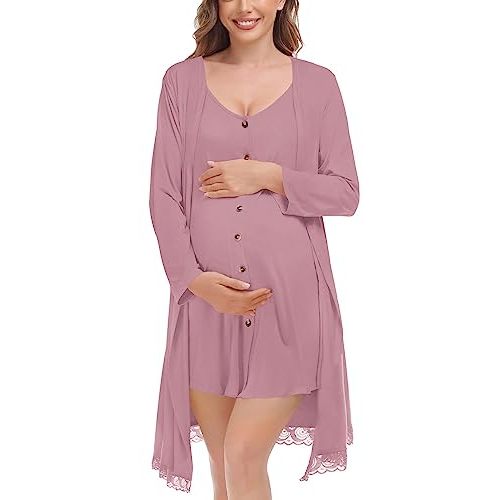 SWOMOG Womens Maternity Nursing Nightgown and Lace Robe Set 3 in 1 Labor Delivery Button Down Nursing Dress 2 Piece Sleepwear