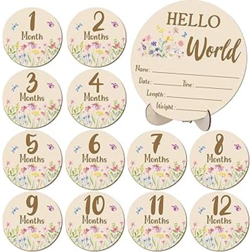 Wooden Baby Monthly Milestone Cards Double Sided Baby Birth Announcement Sign Hello World Milestone Sign Discs Pregnancy Baby Shower Gifts for Newborn Photo Props, Flower
