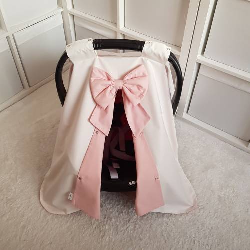 Light Cream and Blush Pink Carseat Cover Baby Girl , Personalized Car Seat Canopy Cover Girl with Name Embroidery and Bow , Baby Girl Gift