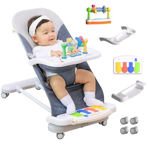 CuddoBaby Baby Bouncer 4-in-1 with Wheels, Detachable Piano, Feeding Tray, Play Bar, Thick Base. 3-Level Incline Portable Seat for Infant to Toddler 0-6, 0-12, 12-24 Months, Upto 29Lbs - Blue
