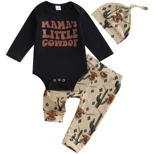 SAYOO Western Newborn Baby Boys Cowboy Outfits Cow Print Letter Bodysuit+Long Leggings+Cap 3pcs Infant Boy Country Clothes