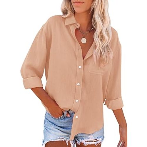 siliteelon Womens Button Down Shirts Cotton Dress Shirts Long Sleeve Blouses V Neck Solid Casual Tunics Tops with Pockets