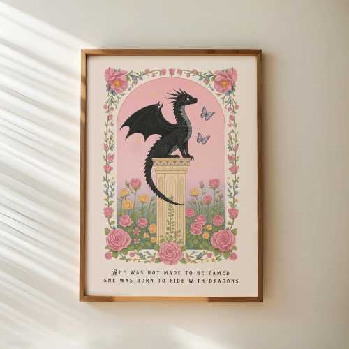 Fantasy Dragon Print, She Was Born to Ride with Dragons Quote, Bookish Wall Art, Fantasy Book Readers, Pink Floral Poster, Dragon Lover Gift