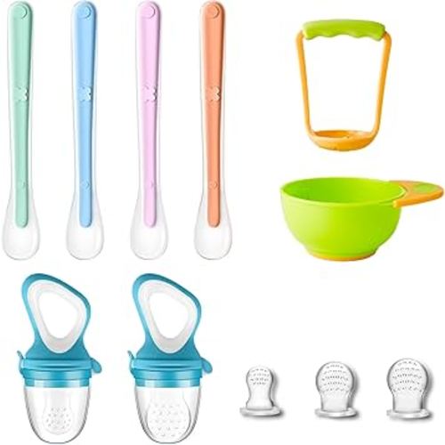 Baby Feeding Essentials - Baby Fruit Feeder, Baby Food Feeder Pacifier Teether (2 Pack), with 4 Baby Spoons, Soft Tip Silicone Feeding Spoon, Mash and Serve Bowl, Baby Led Weaning Supplies First Stage