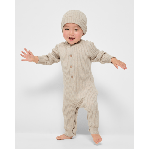 Baby Organic Cotton Ribbed Knit Romper With Beanie - Acorn