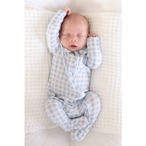 Peter Pan Collar Zipper Footie | Dusty Blue Gingham