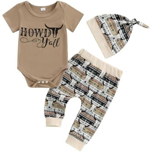 Baby Boy Western Clothes Cowboy Letter Short Sleeve Romper Cowboy Boots Hat Pattern Pant Newborn 3Pcs Country Outfit