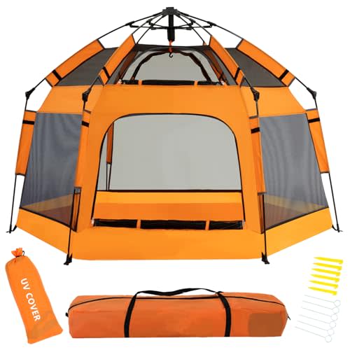 CELETOY Baby Pop Up Playpen with Canopy, Pop Up Baby Pop Up Tent with Safety Lock, Portable Toddler Play Yard with Travel Bag, 6 Ground Stakes, 6 Sand Stakes