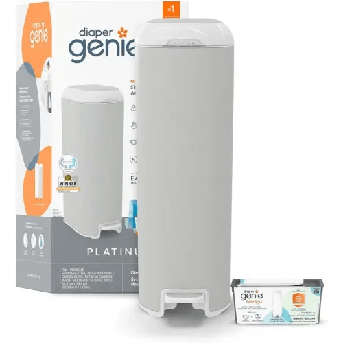 Diaper Genie Platinum Diaper Pail, Grey - Made in Durable Stainless Steel and Includes 1 Easy Roll Refill with 18 bags