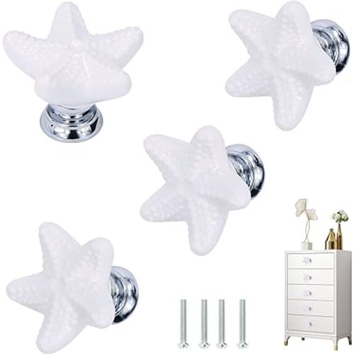 Starfish Drawer Knobs Coastal Kitchen Cabinet Knos Beach Themeb Knob Ceramic Dresser Pulls and Handles for Dresser Cupboard Wardrobe Cabinet Handle (White)