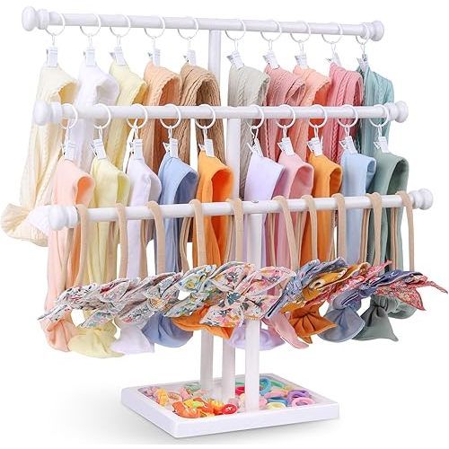 POVETIRE Headband Holder Stand Storage for Baby, 3 Tier Wooden Bow Organizer for Girls Hair Bows, Infant Hair Accessories Rack Display for Nursery Decor
