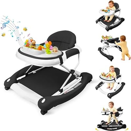 5 in 1 Baby Walker, Music and Lights Walker for Baby Boy Girls 6-12 Months, Foldable Baby Walkers with Wheels and Bouncer Combo Portable, Toddler Infant Walker with Adjustable Height