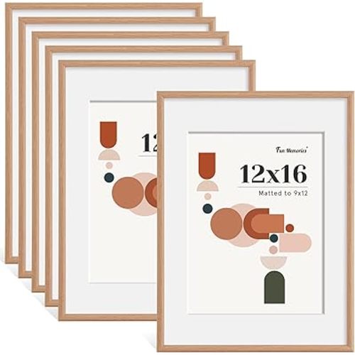 Fun Memories Picture Frame Set of 6, Display Pictures 9x12 or 12x16, HD Plexiglass Frames, Wall or Tabletop, Wall Hook Included, Natural