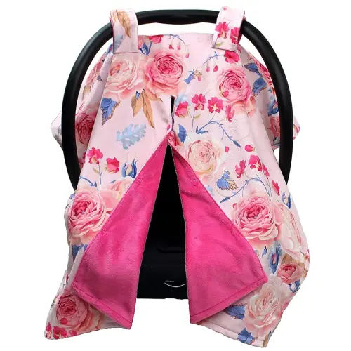 Dear Baby Gear Floral Baby Car Seat Canopy with Snap Button Opening - Newborn & Toddler Carseat Cover - Nursing Covers - Infant Chair Essentials (Vintage Roses Blue Accents/Hot Pink, 40" x 30")