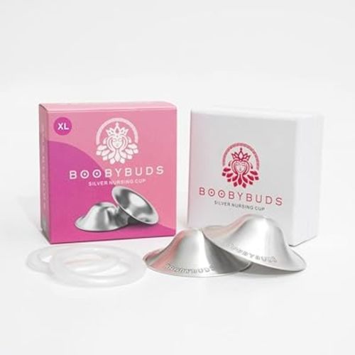 BoobyBuds The Original Silver Nursing Cups & Silicone O-Ring - Nipple Shields for Nursing Newborns - 100% Pure 999 Silver - Soothe and Protect Sore Nipples - Essential for Breastfeeding Mothers (999 Silver XL Silicone Rings)