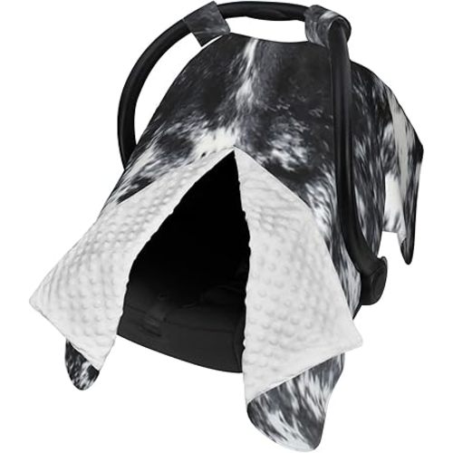 Black and White Cowhide Print Baby Car Seat Canopy & Nursing Cover - Breathable Multipurpose Stretch Cover for Breastfeeding, Stroller Shade