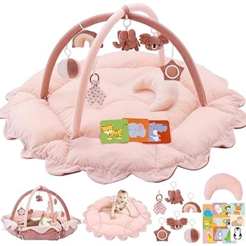 5-in-1 Plush Baby Play Gym, Baby Play Mats, Convertible Baby Gym with Pillow, Tummy time mat, 6 Sensory Toys, Baby Activity Center from Newborn to Toddler, Pet Bed, Cat & Dog Bed, Ball Pit, Pink