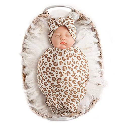 Konssy Baby Girl Newborn Receiving Blanket with Headband Set Baby Swaddle Leopard Print Nursery Swaddle Wrap