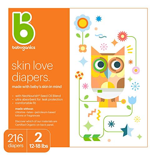 Baby Diapers, Size 2 (12-18 lbs) 216 Count- Babyganics Ultra Absorbent, Unscented, Made without Chlorine, Latex