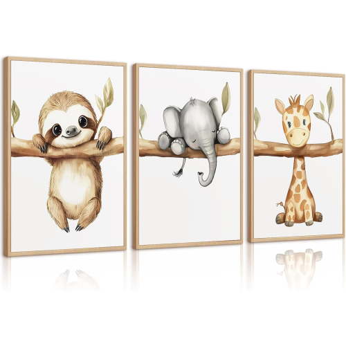 JANS.NO1 Nursery Animal Wall Art Safari Baby Wall Decor Boy Room Nursery Canvas Prints Jungle Animal Art Pictures Kids Cute Safari Poster for Girl Bedroom 16"x20" Inch Unframed Set of 3