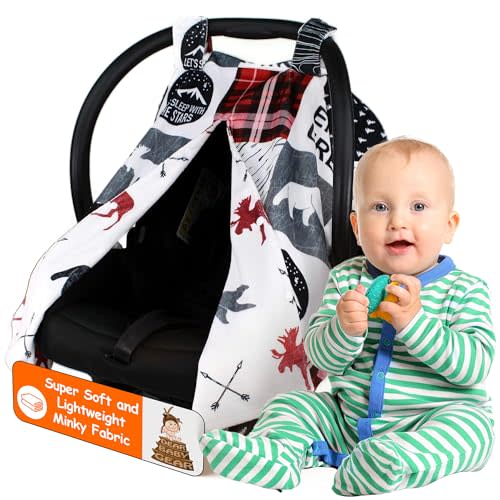 Dear Baby Gear Car Seat Blanket - Infant Carseat Canopy & Winter Covers - Cozy Baby Car Seat Cover for Girls & Boys - Doubles as Stroller Cover - Northwood Moose & Arrows - Faux Quilt - 38" x 27"