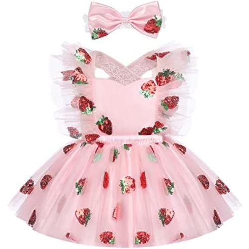 Toddler Baby Girls Strawberry Cherry Birthday Dress with Headband Princess Cake Smash Outfit for Photo Shoot