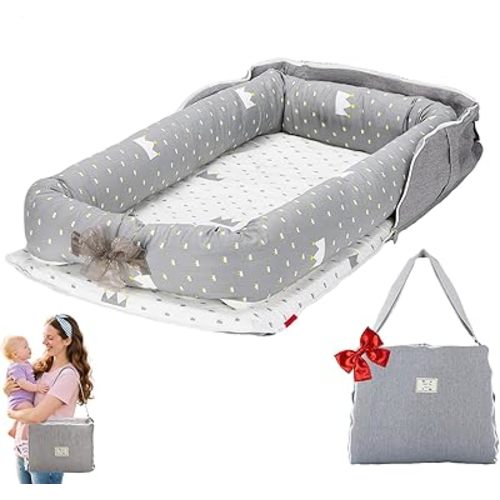 Baby Lounger for Newborn-Portable Baby Lounger 0-24 Months for Home and Travel,Newborn Loungers with Strap, Baby Nest Lounger Adjustable Size,Crown Grey