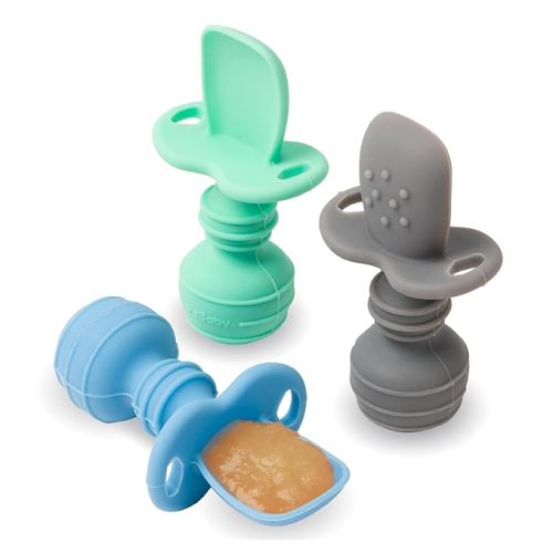 Self-Feeding Spoon - Anti Choke Barrier - Silicone Baby Spoons Toddler Utensils for Home & Travel, Textured Tips Massage Gums & Baby-Led Weaning (Blue/Gray/Mint)