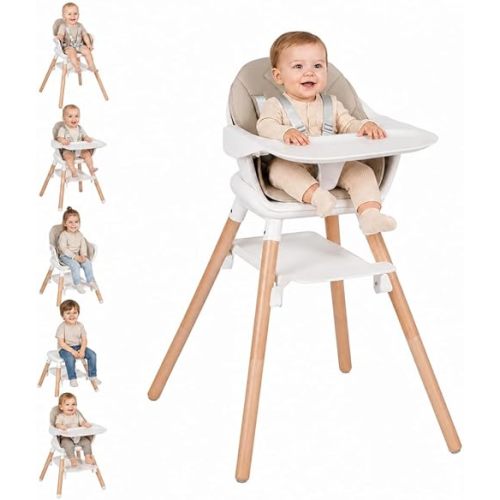 Baby High Chair, 6 in 1 Wooden Convertible High Chairs for Babies and Toddlers