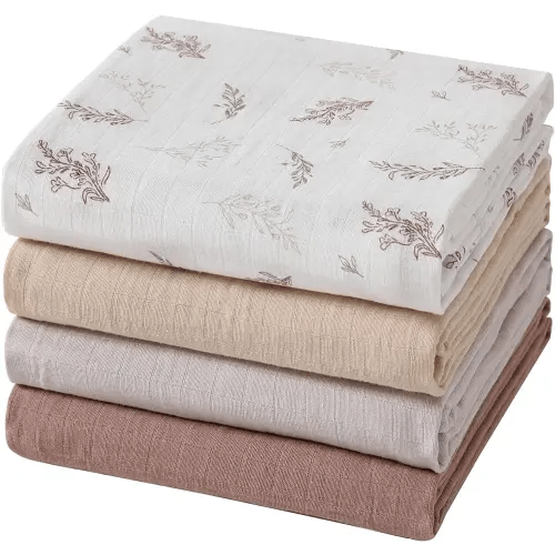 POMISO Muslin Swaddle Blankets for Boys and Girls, Soft Cotton Baby Swaddle Blankets for Unisex, 47 X 47 inches Muslin Swaddles, 4 Pack Leaves & Warmth Colors