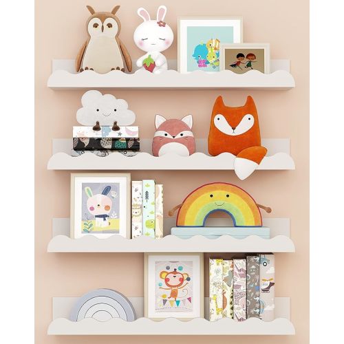 Kids' Bookshelf Set of 4 - White Floating Nursery Book Shelves, Picture Ledge Shelf for Wall Decor and Storage - Perfect for Books, Toys, Photo Frames, and Nursery Décor