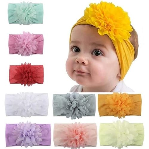 Baby Girls Nylon Headbands 9Pcs, Chiffon Flowers Newborn Infant Toddler Hairbands and Child Hair Accessories (Multicolored-9PCS)