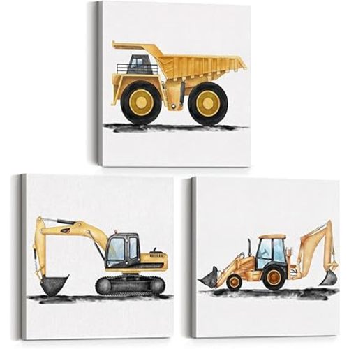 Set of 3 Construction Nursery Canvas Wall Art Vehicle Framed Paintings Prints Watercolor Dump Truck Tractor Canvas Wall Decor for Home Boys Bedroom Nursery 12x12 Inch