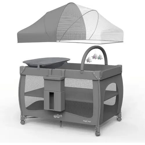 Pamo Babe Pack and Play One-Step to Fold 4-in-1 Portable Crib for Baby with Bassinet, Mosquito Net, Changing Table