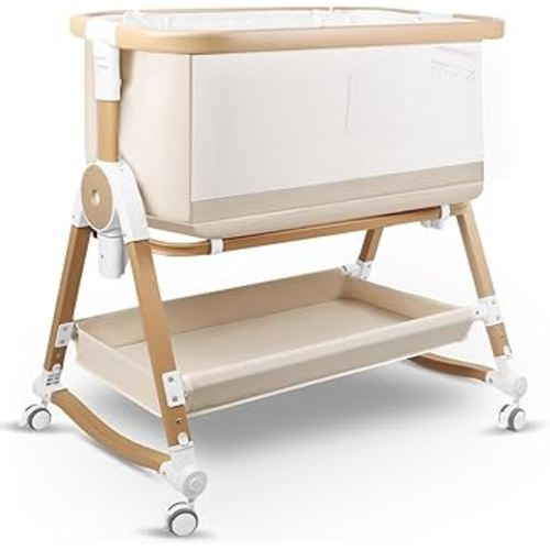 4 in 1 Baby Bassinet, Bassinets Bedside Sleeper with Wheels and Storage Basket, Adjustable 7 Heights Bedside Sleeper with Mosquito Net, Breathable Mesh Rocking Bassinet for Baby