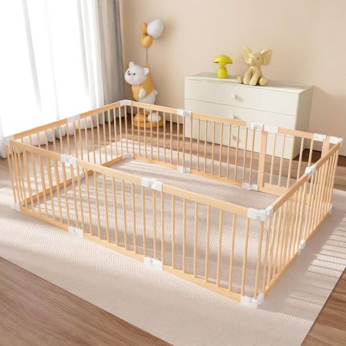 Wooden Baby Playpen, Adjustable Natural Pine Wood Playard for Toddlers and Babies with Child Proof Lock, Easy to Assemble, Foldable Portable Play Pen, Baby Fence Playard(56 * 83 * 24inch)