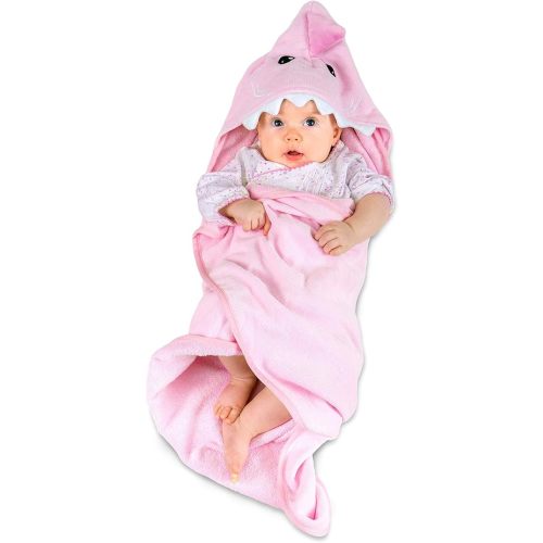 Hudz Kidz Hooded Baby Shark Towel, Soft 100% Cotton, Perfect for Newborn Through Toddler (Pink)