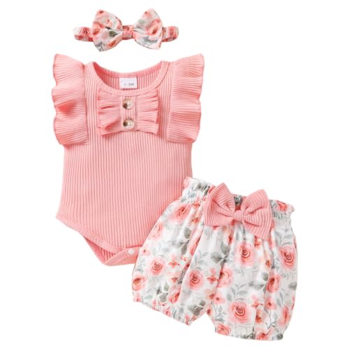 Tiny Cutey Baby Girl Clothes Infant Summer Outfits Set Ruffle Sleeve Romper and Floral Shorts with Headband