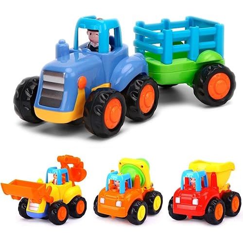 Push and Go Friction Powered Cars Construction Vehicles Toy Set Tractor Bulldozer Mixer Truck Dumper for 1 2 3 Year Old Baby Toddlers Boys Gifts