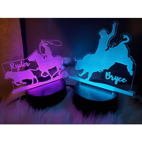 Personalized Western Cowboy/Cowgirl & Horse Roping OR Bull Rider Night Light, Color Changing LED Ranch Light, Rodeo Gift for Him, Horse Gift