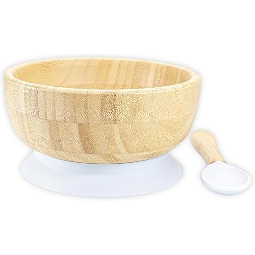 Baby Bamboo wooden Bowl and Spoon Feeding Set Removable Silicone Suction Cup for Kids / 12oz / Non-Toxic/Ideal for Baby-Led Weaning (Gray)
