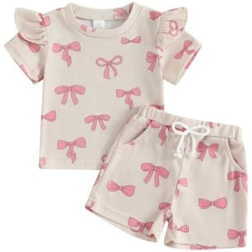 NZNDSHD Toddler Baby Girl Clothes Summer Bow Print Short Sleeve T-Shirt Tops Pockets Shorts Set Waffle Knit Outfit