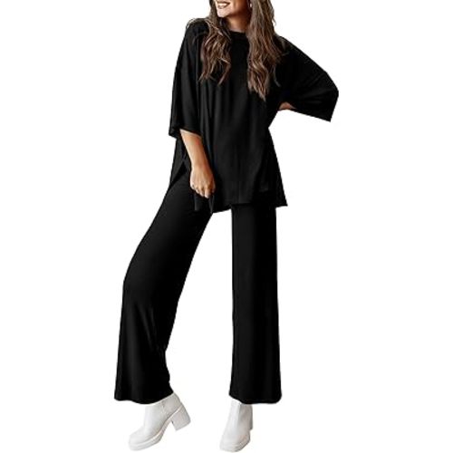 PRETTYGARDEN Women's 2 Piece Outfits Casual Short Sleeve Pullover Tops and Wide Leg Pants Lounge Sets Tracksuits