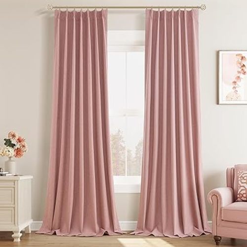 Joywell Blush Pink Linen 100% Blackout Pinch Pleated Curtains 102 Inch Extra Long,Back Tab,Thermal Insulated Room Darkening Window Drapes for Girls Bedroom Living Room with Hooks(2 Panels,40 x 102)