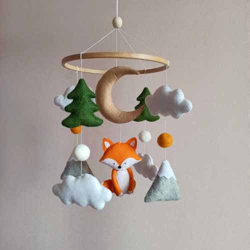 Fox Baby Mobile, Woodland Forest Nursery Decor, Rustic Mountains Crib Mobile, Baptism Gift