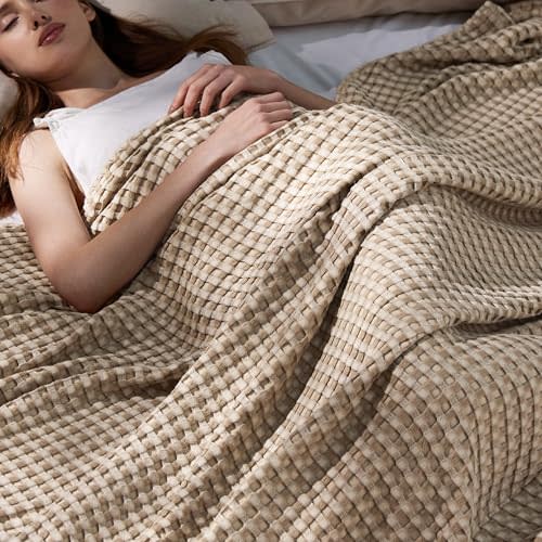 Bedsure Cooling Cotton Waffle Full Size Blanket - Lightweight Breathable Blanket of Rayon Derived from Bamboo for Hot Sleepers, Luxury Throws for Bed, Couch and Sofa, Taupe, 80x90 Inches