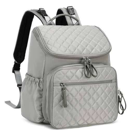 LORADI Large Capacity Diaper Bag with Stroller Buckle, Water-Resistant Travel Backpack with Insulated Pockets (Nylon, Grey)