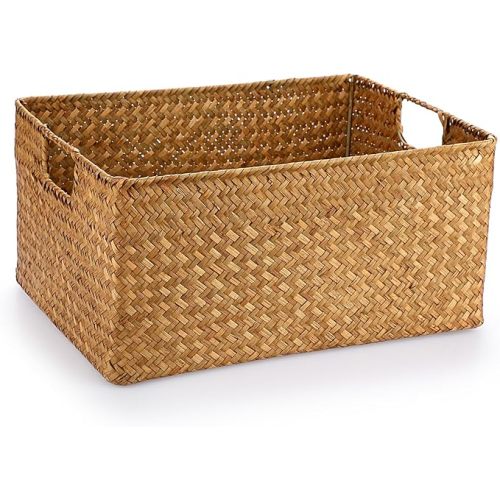 Hipiwe Seagrass Storage Baskets Bin for Shelf Handwoven Wicker Baskets Built-in Handles Rectangular Closet Bedroom Organizer Box Multipurpose Woven Basket Bins Home Organizer,Caramel Color
